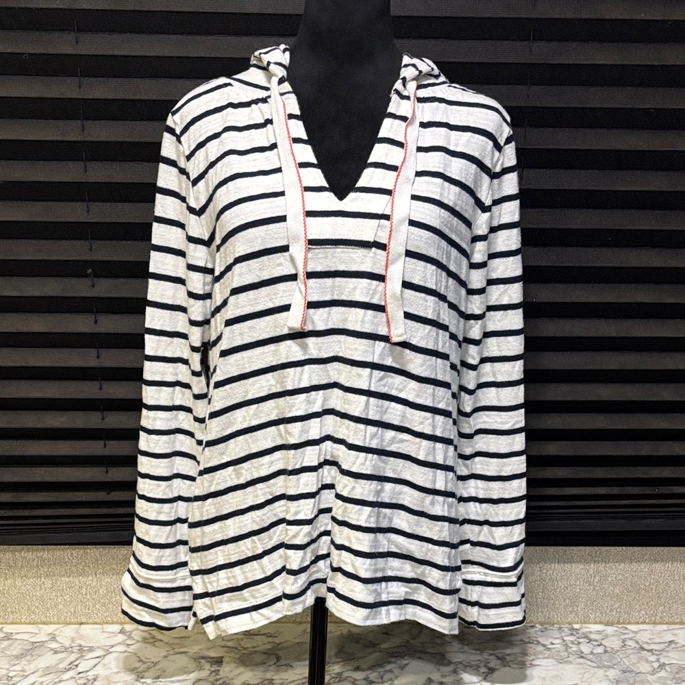 LOFT Ann Taylor Black & White Striped Knit Sweater Tunic Cotton Hoodie WN Medium